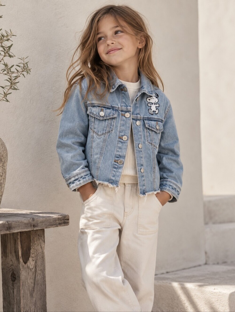 Zara Kids Peanuts Snoopy Denim Jacket 7Y Light Wash Raw Hem